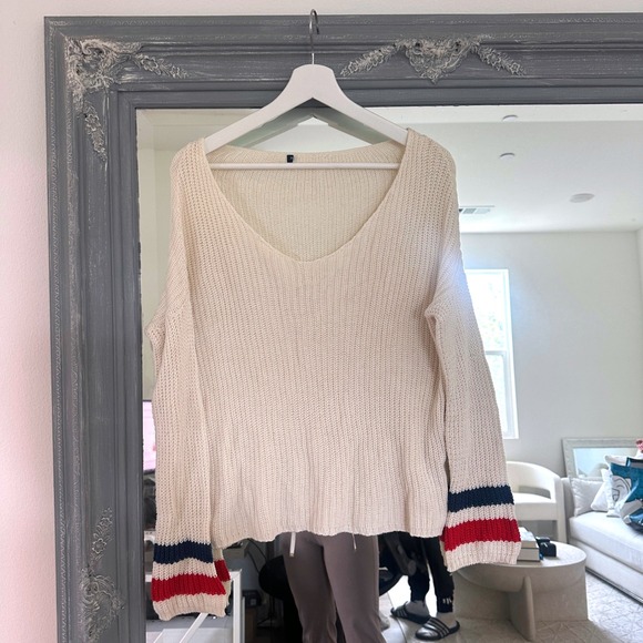 Brandy Melville Cotton Knit V-Neck Pullover Juliet Sweater Varsity Stripe Cuffs - Picture 2 of 8